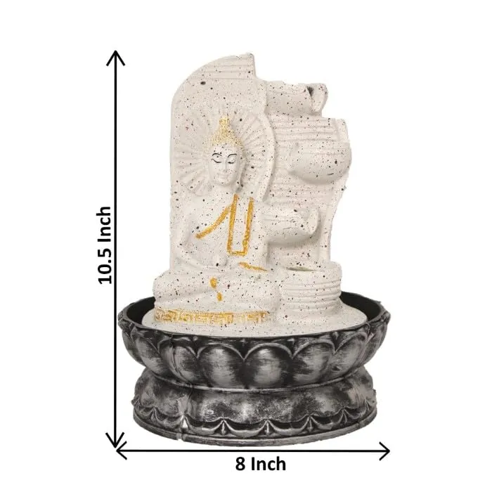 Art N Hub Lord Gautm Buddha Indoor Outdoor Water Fountain for Home Vastu and Temple Decoration Best Home Inauguration Gift Items Showpiece (20 x 20 x 27 CM | Dotted White Golden)