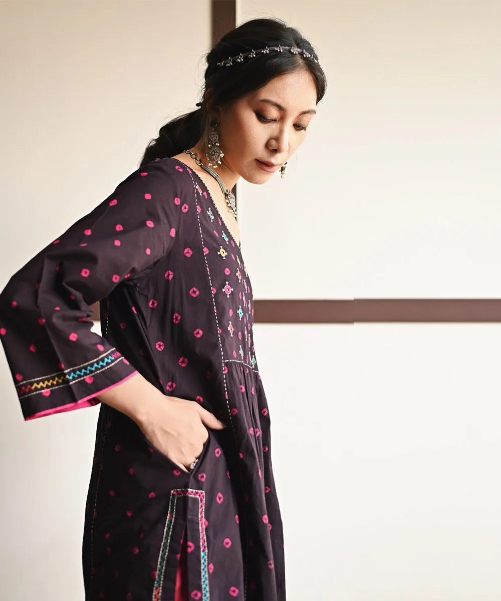 Black hand embroidered cotton bandhej kurti