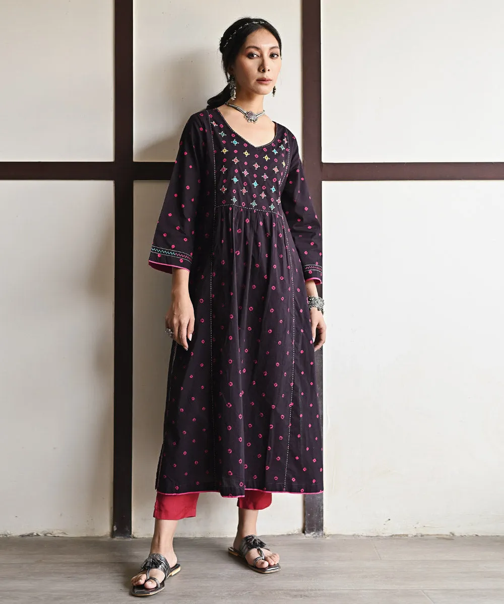 Black hand embroidered cotton bandhej kurti