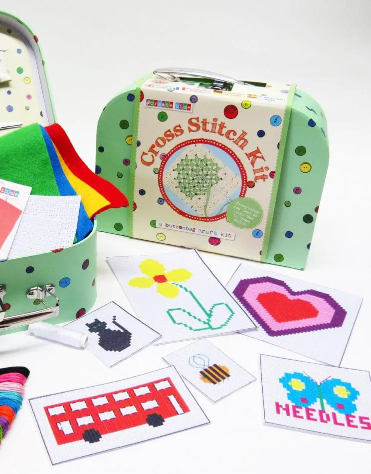 Children's Learn to Cross Stitch Suitcase Kit, Buttonbag