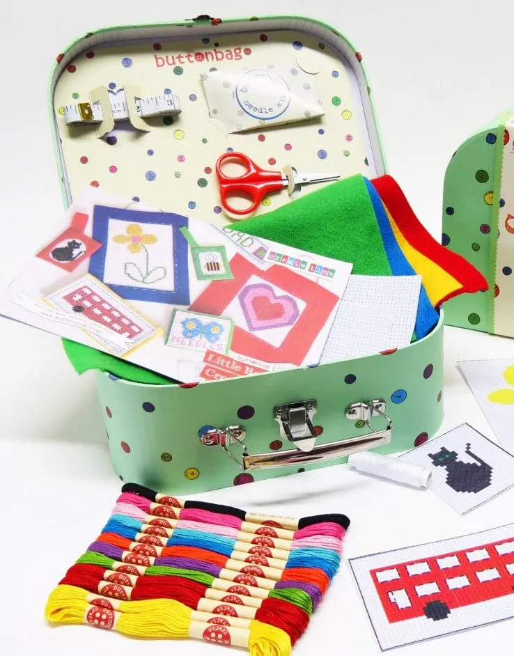 Children's Learn to Cross Stitch Suitcase Kit, Buttonbag