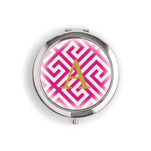 Designer Compact Mirror - Monogram on Greek Key Print Gold Tangerine Orange