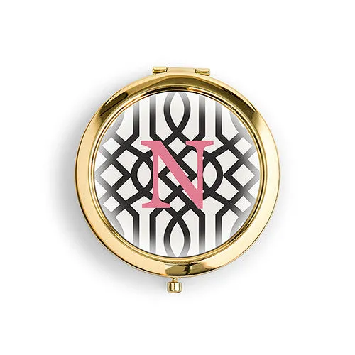 Designer Compact Mirror - Monogram on Trellis Print Gold Teal Breeze