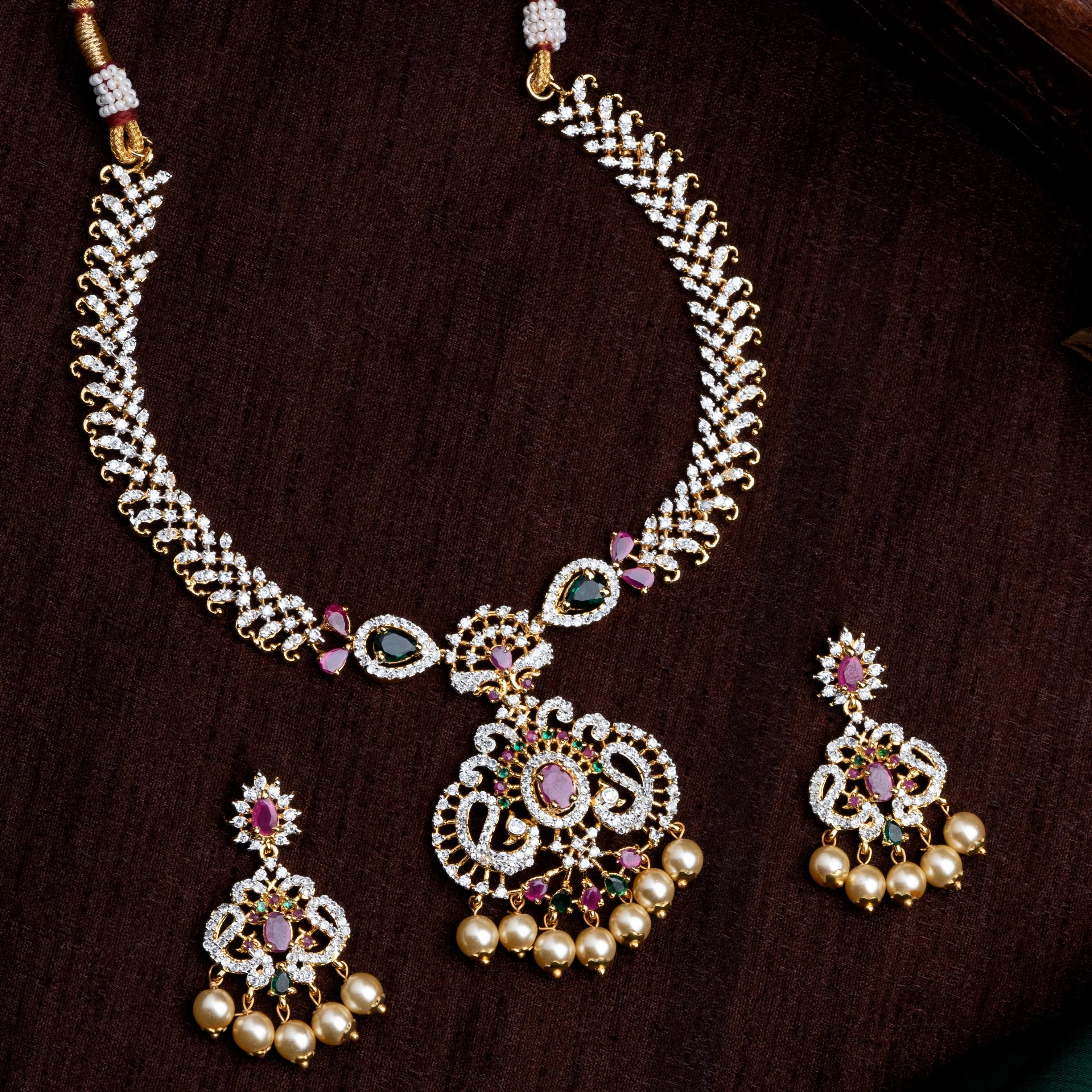 Estele Gold Plated CZ Mayuri Traditional Bridal Necklace Set with Pearls & Colored Stones for Women