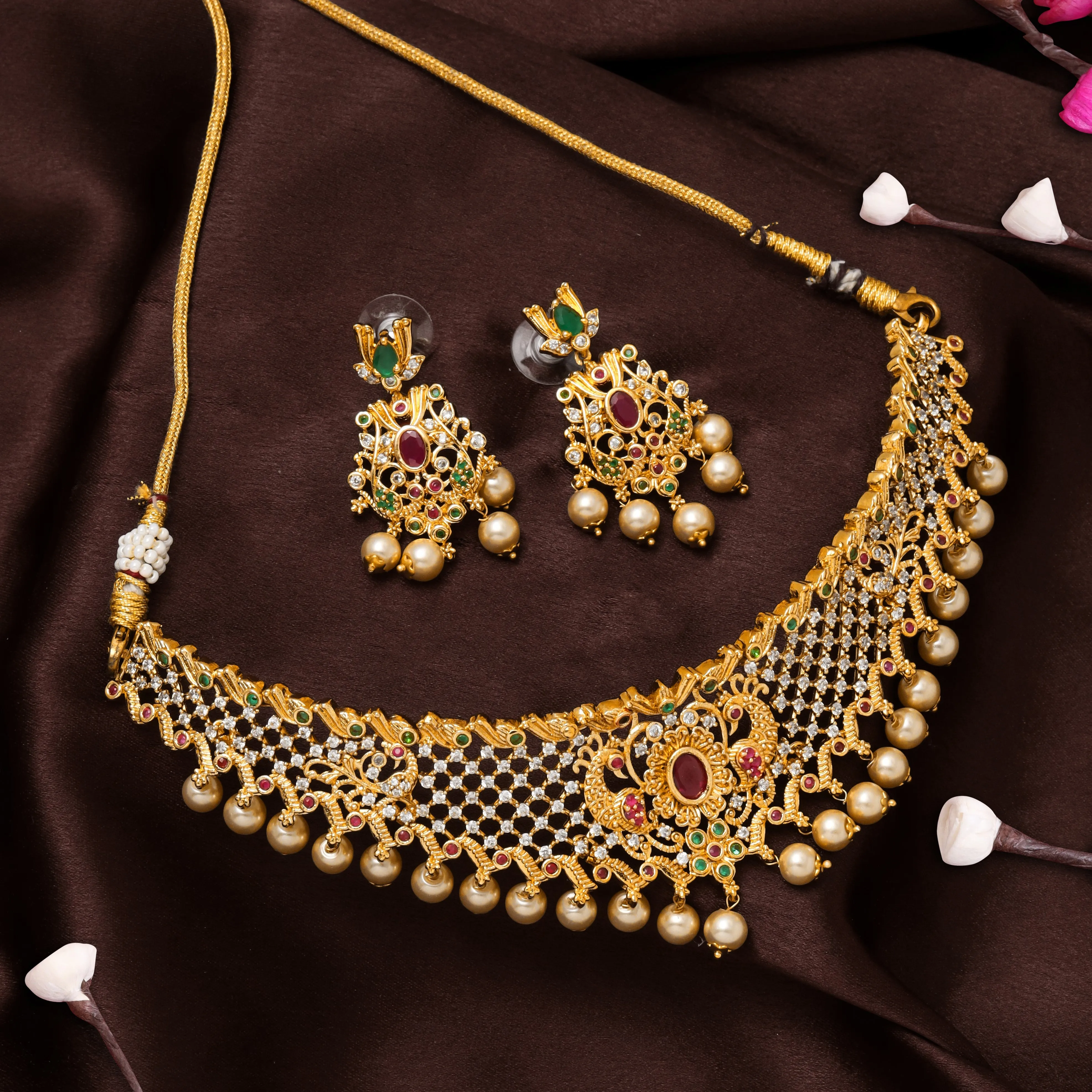 Estele Gold Plated CZ Sleek Designer Bridal Choker Set with Pearls & Colored Stones for Women