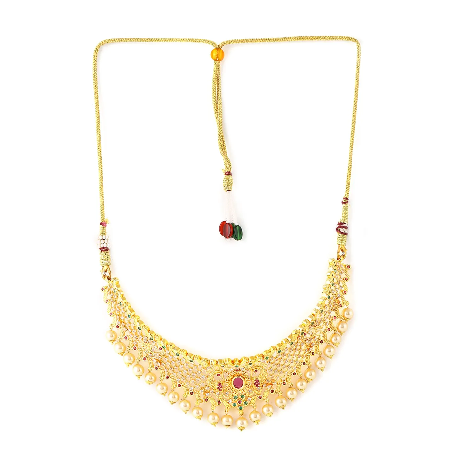 Estele Gold Plated CZ Sleek Designer Bridal Choker Set with Pearls & Colored Stones for Women