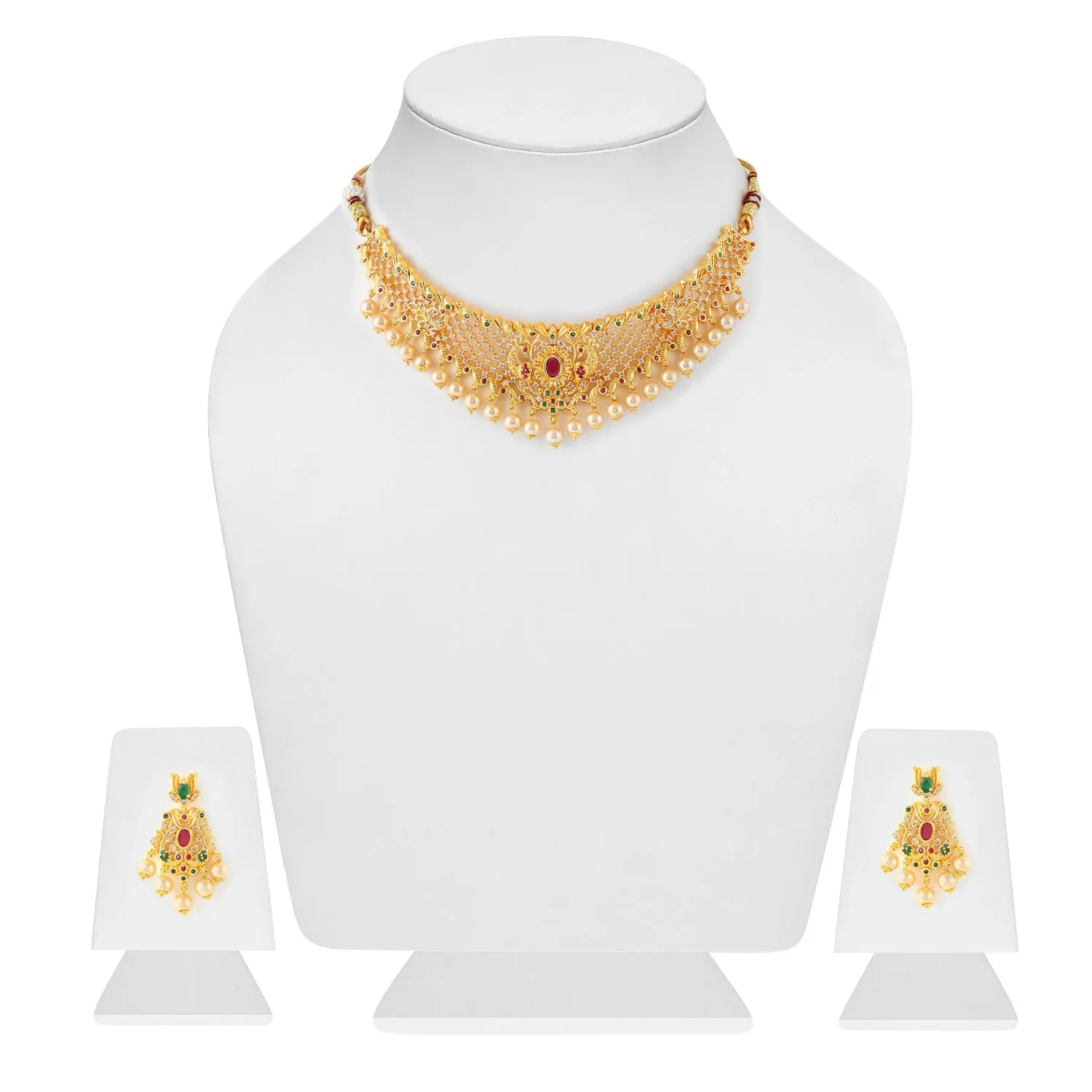 Estele Gold Plated CZ Sleek Designer Bridal Choker Set with Pearls & Colored Stones for Women