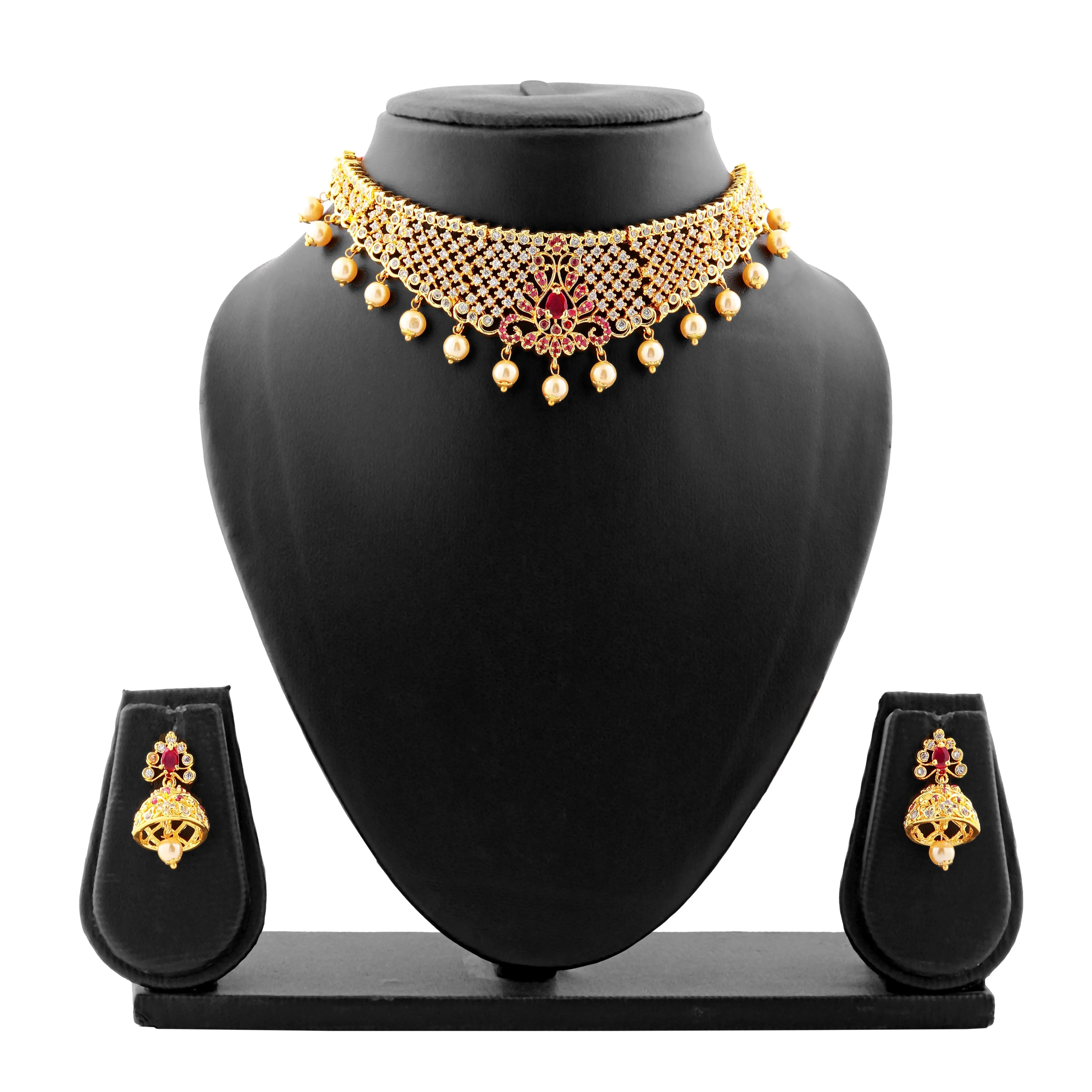 Estele Gold Plated CZ Traditional Bridal Choker Set with Pearls & Ruby Crystals for Women