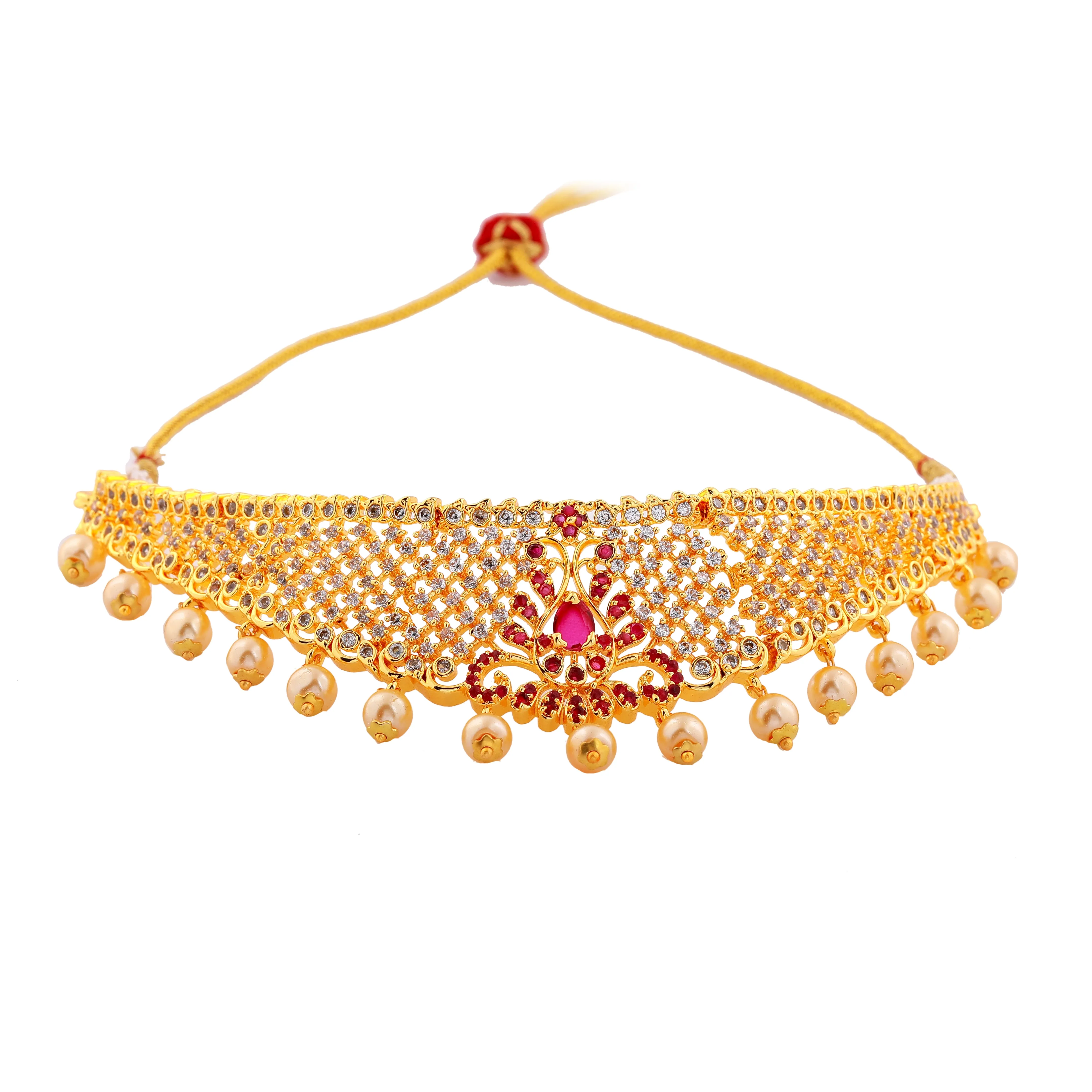 Estele Gold Plated CZ Traditional Bridal Choker Set with Pearls & Ruby Crystals for Women