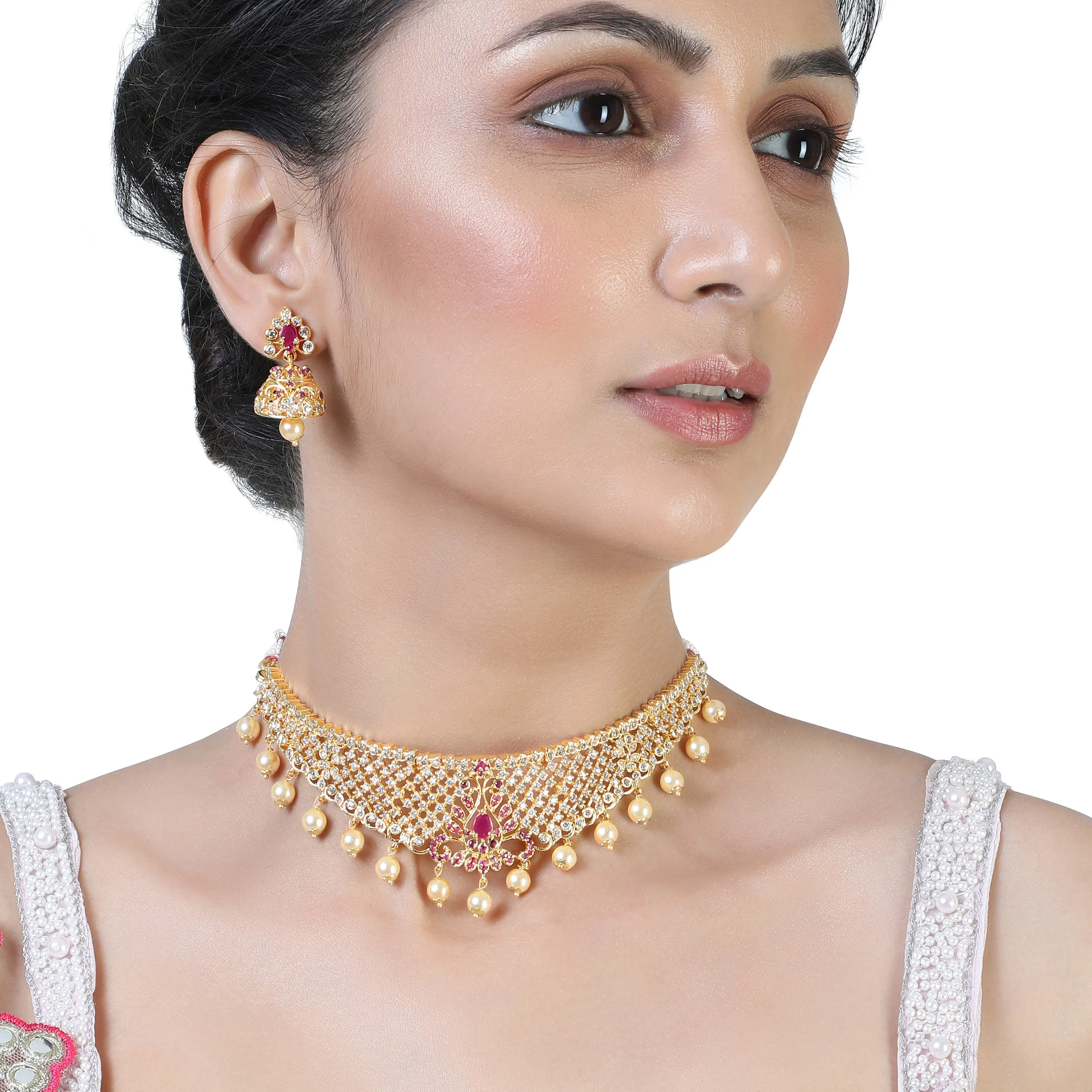 Estele Gold Plated CZ Traditional Bridal Choker Set with Pearls & Ruby Crystals for Women