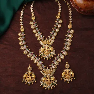 Estele Gold Plated CZ Traditional Laxmi Ji Decorated Bridal Short & Long Necklace Set with Color Stones