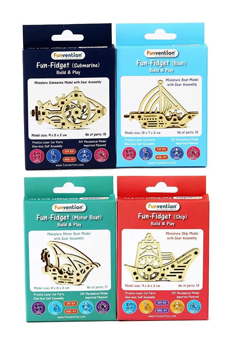 Funvention Fun Fidgets - Ships - Pack of 24 DIY Miniature Mechanical Model (Boat, Ship, Motor Boat & Submarine) Birthday Return Gifts