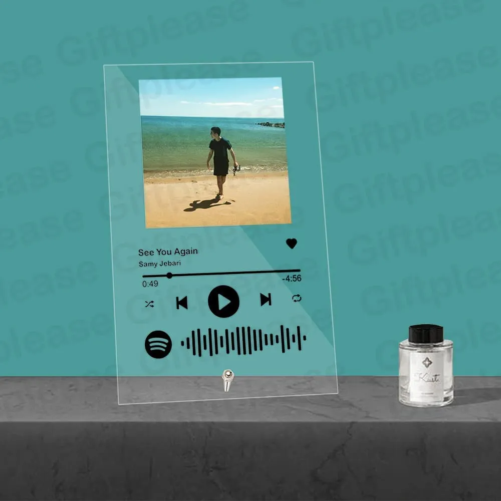 Giftplease Customized Photo and song Spotify Frame With Steel Removable Stand | Personalized Printed Plaque with scannable code | Gift | Birthday | Anniversary (Transparent, Acrylic, 6 * 9 Inches)