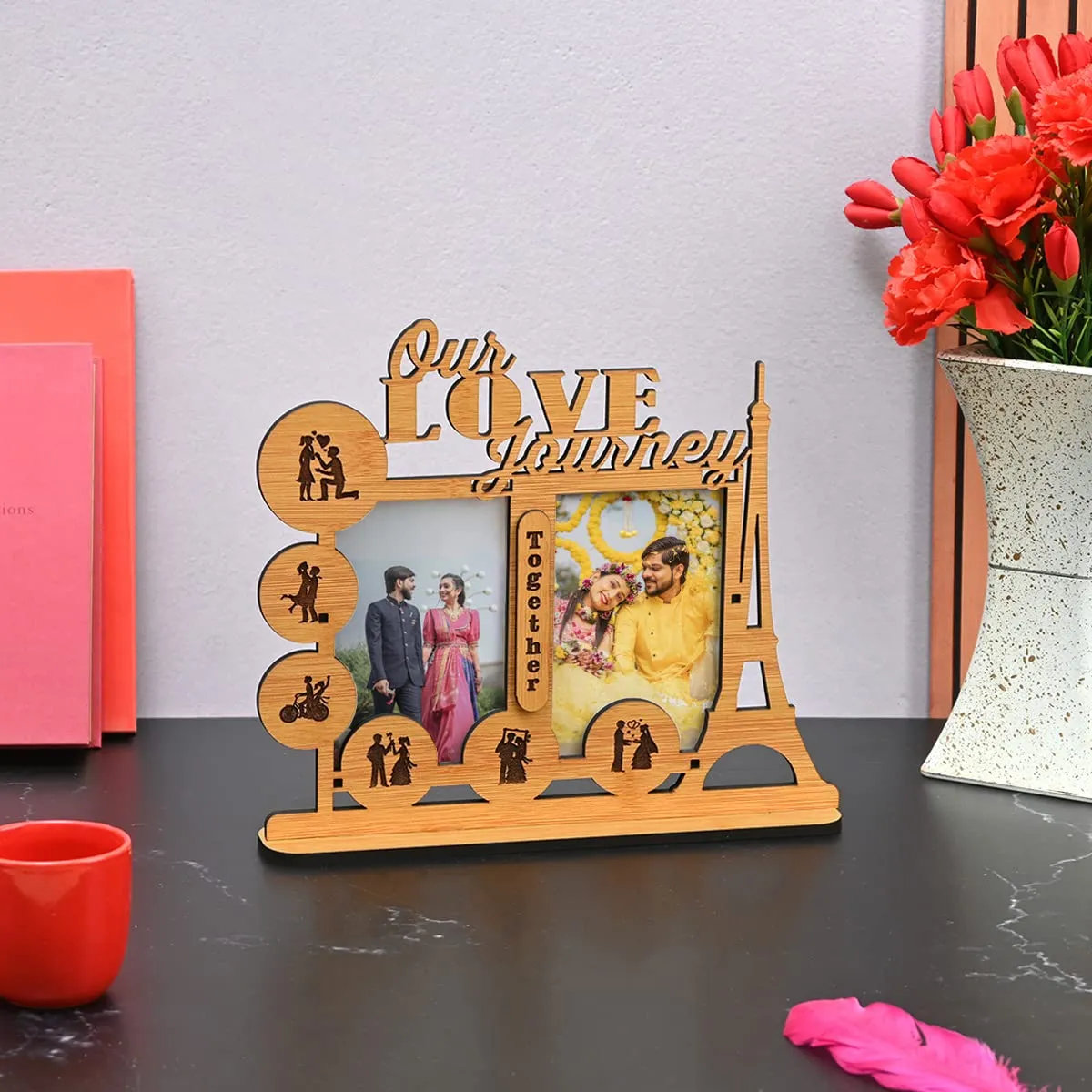 GKD Photo Frame For Couple Gifts home Decor Item Best For Valentine Gifts Anniversary Gift love journey couple wooden table top message frame Eiffel tower showpiece(ecofriendly)