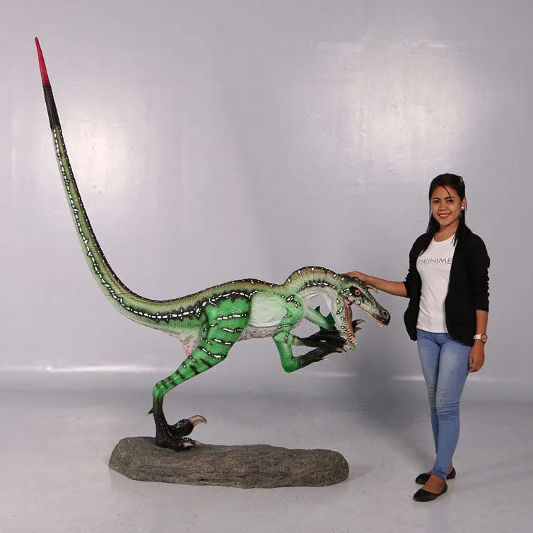 Green Ferocious Velociraptor Dinosaur Life Size Statue