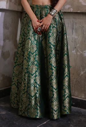 Green Kalidar Banarasi Jacquard Skirt With Tassels