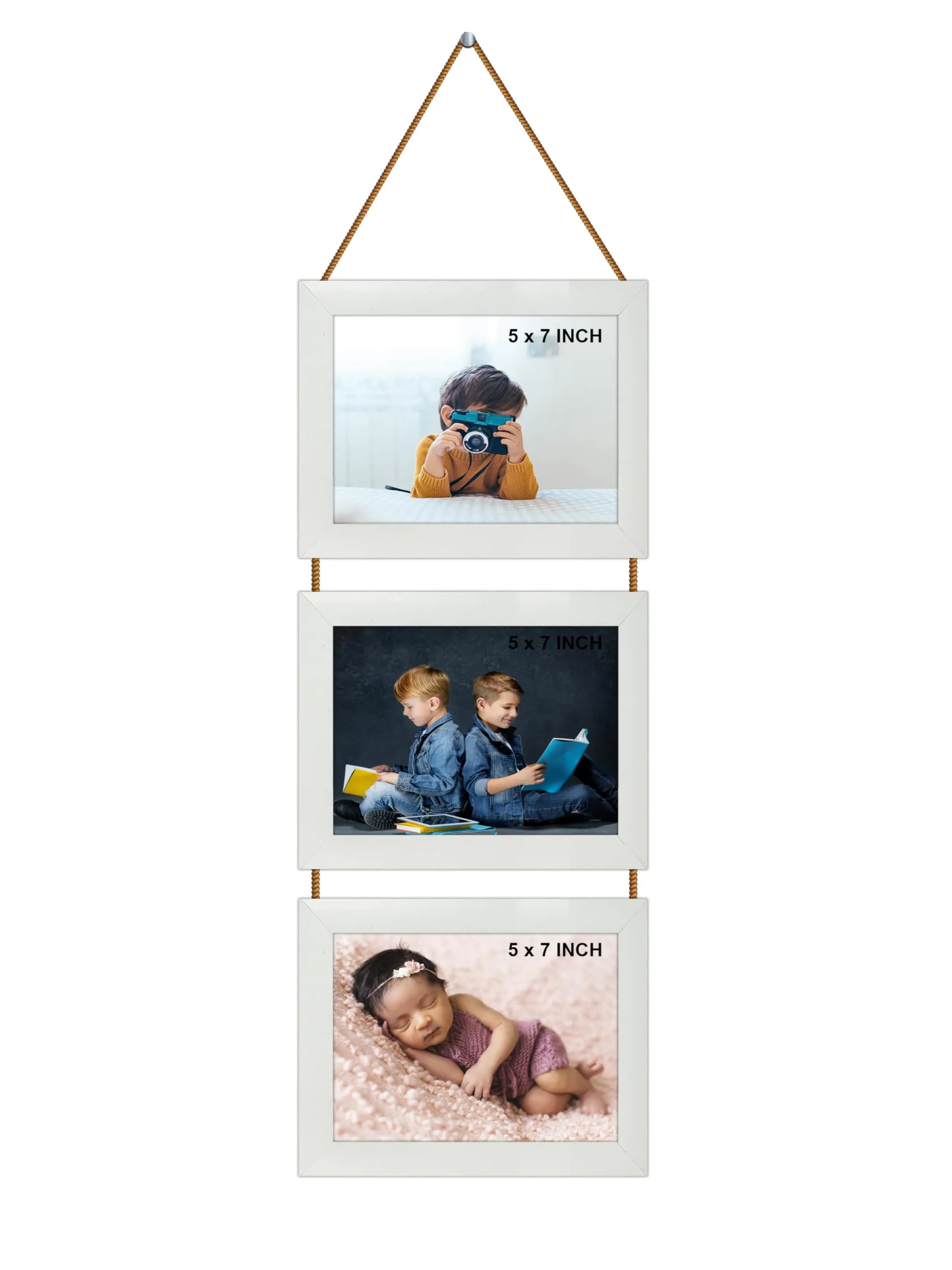 Indianara 3 in 1 Hanging Photo Frame with Plexiglass - Three slots for 3 Photos of 5 x 7 each (White Frame)