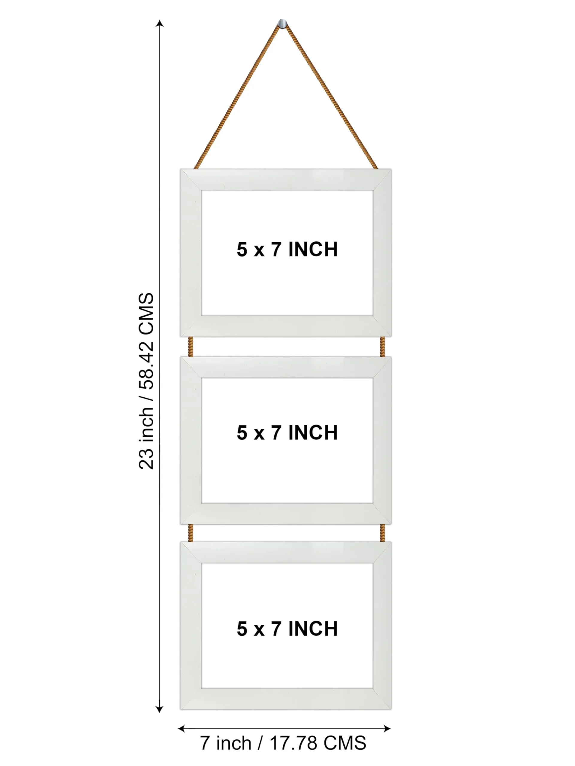 Indianara 3 in 1 Hanging Photo Frame with Plexiglass - Three slots for 3 Photos of 5 x 7 each (White Frame)