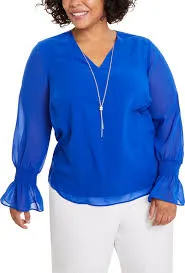 Jm Collection Smocked-Sleeve Necklace Top-Blue Steel XXL