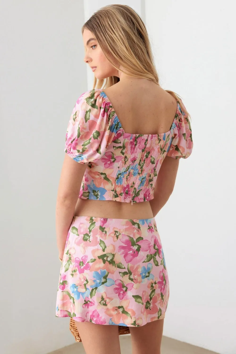 Le Lis Floral Puff Sleeve Crop Top and Mini Skirt Set