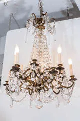 Midcentury Two-Tier Gilt Bronze and Crystal Twelve-Light Chandelier