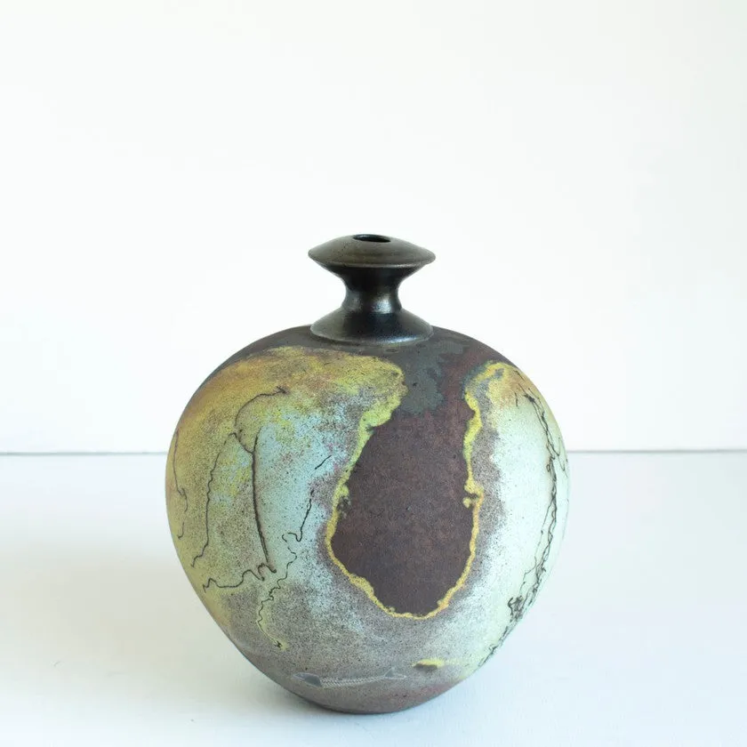 Moonscape bottleneck Horsehair Raku Vessel - 10"