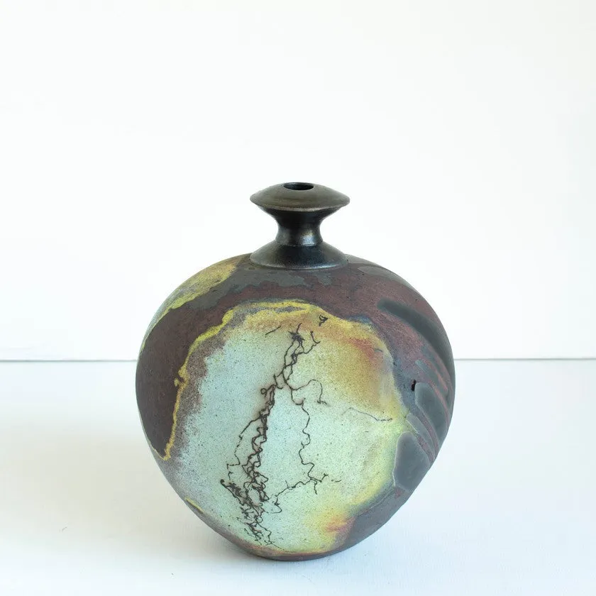 Moonscape bottleneck Horsehair Raku Vessel - 10"