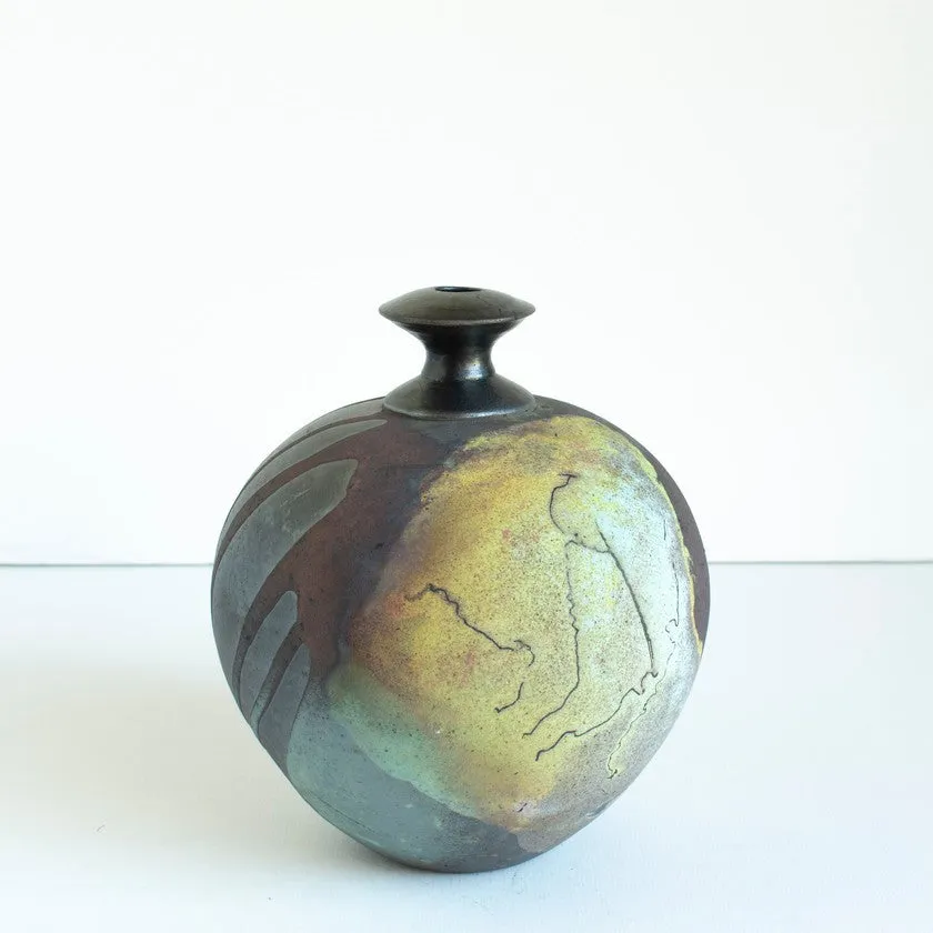 Moonscape bottleneck Horsehair Raku Vessel - 10"