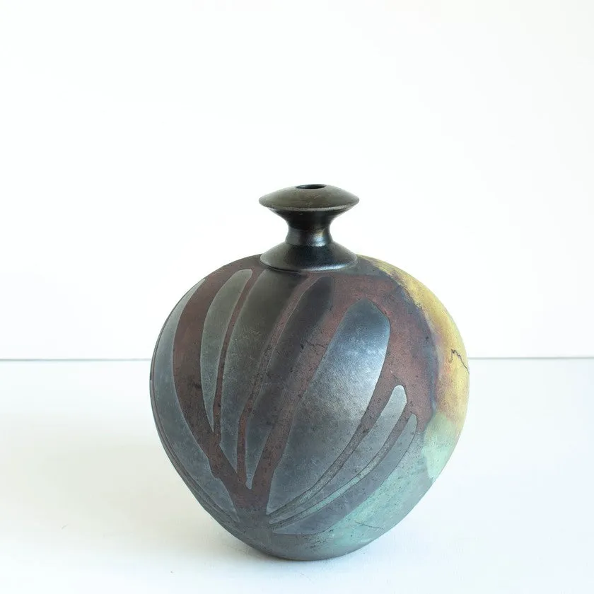 Moonscape bottleneck Horsehair Raku Vessel - 10"