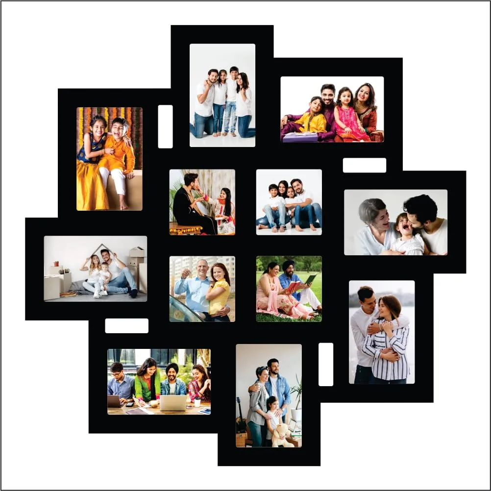 PICRAZEE Wooden Multiple Images Collage Photo Frame For Wall Decor (12 Photographs, Black Glitter, Size- 23.5* x 23.5* inch), rectangle/square