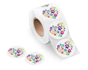 Rainbow Paw Print Heart Stickers (250 Per Roll)