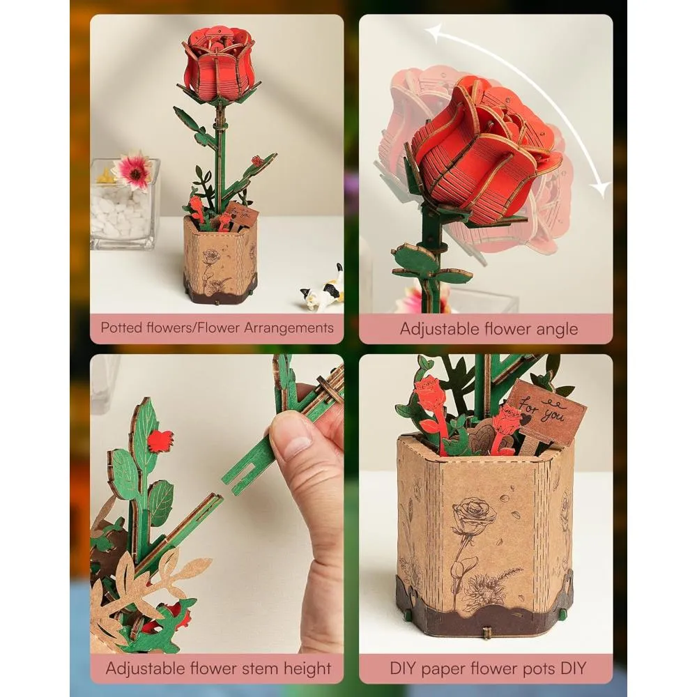 Robotime Rowood Wooden Bloom Craft Model Kit - Red Rose