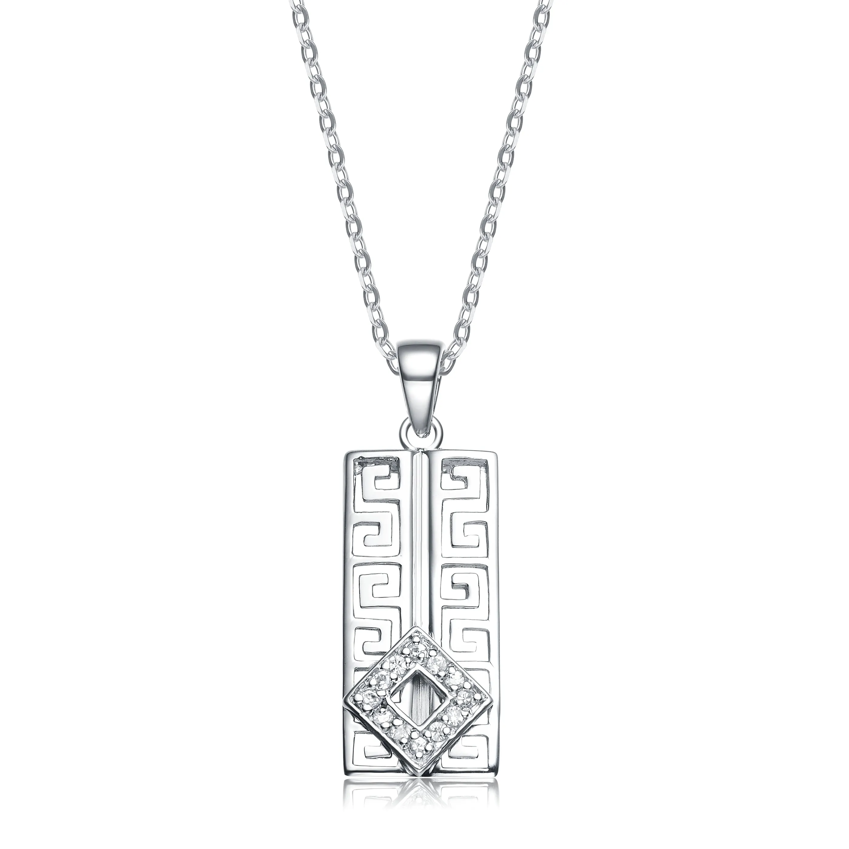 Sterling Silver White Gold Plated with White Cubic Zirconia Rectangular Frame Pendant