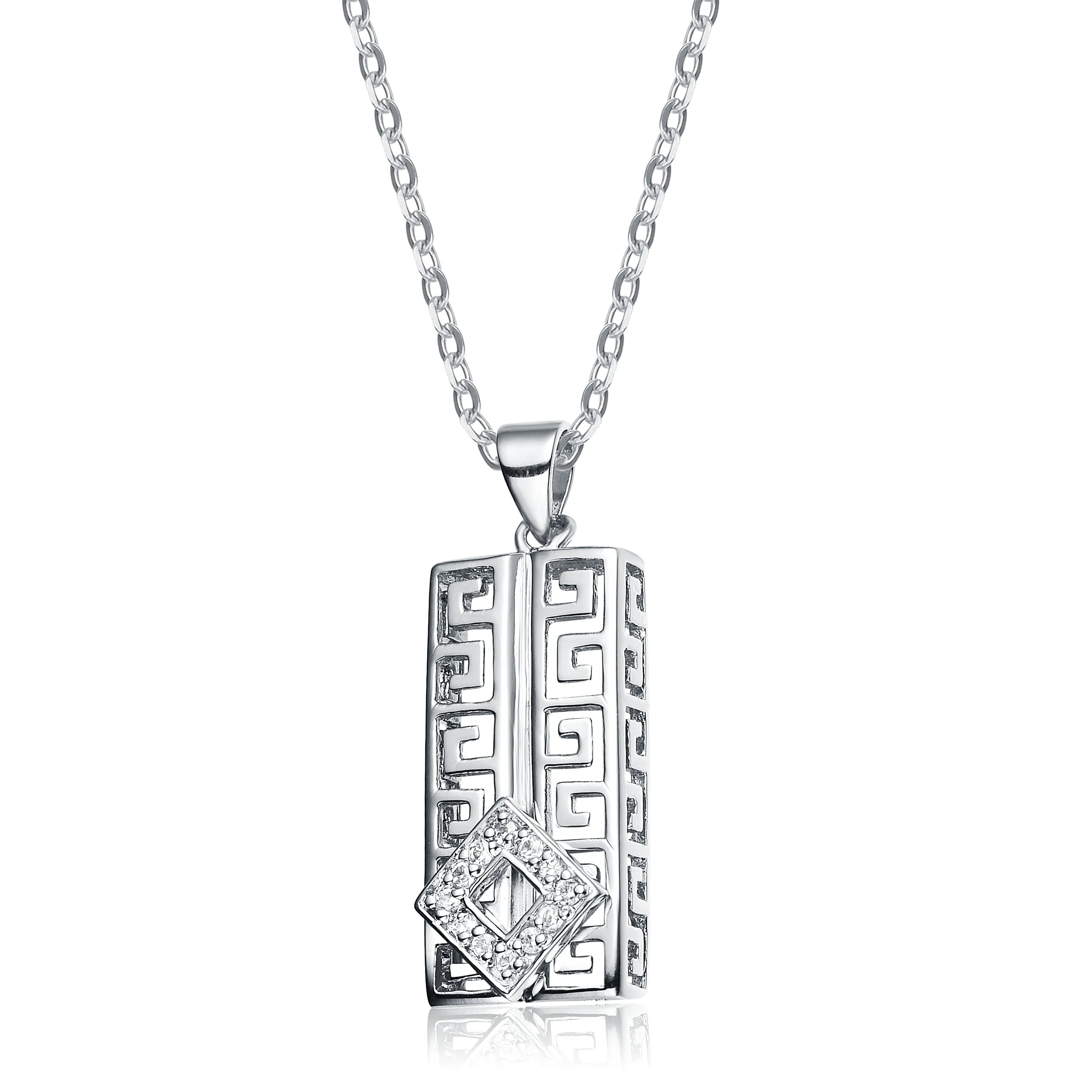 Sterling Silver White Gold Plated with White Cubic Zirconia Rectangular Frame Pendant