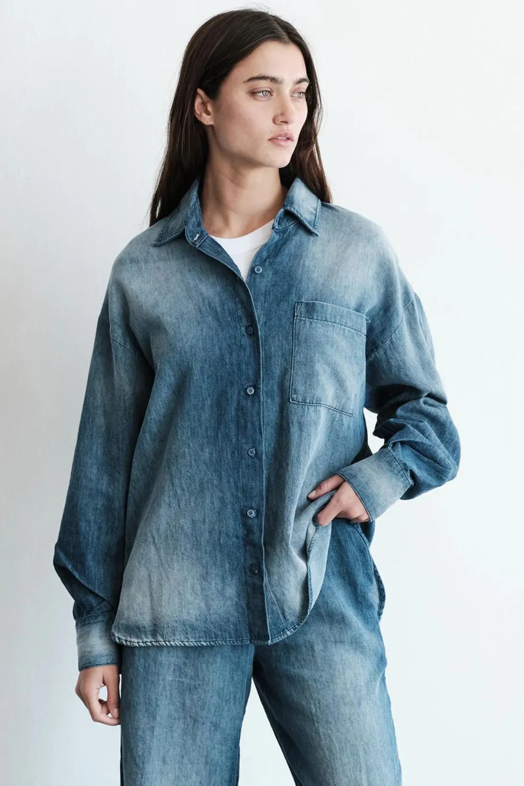 Stonewashed Chambray Oversized Shirt, Medium Wash