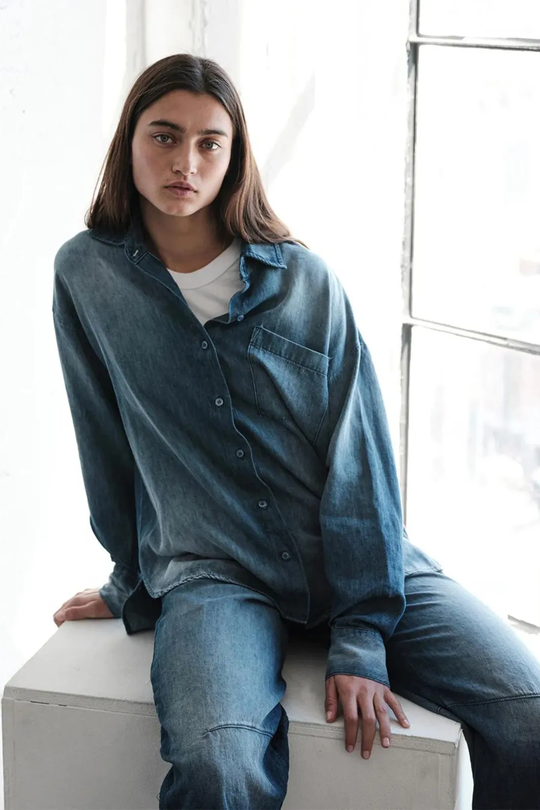 Stonewashed Chambray Oversized Shirt, Medium Wash