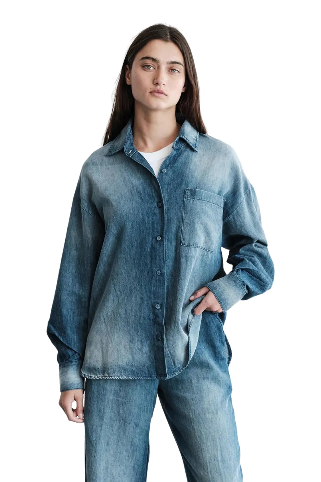 Stonewashed Chambray Oversized Shirt, Medium Wash