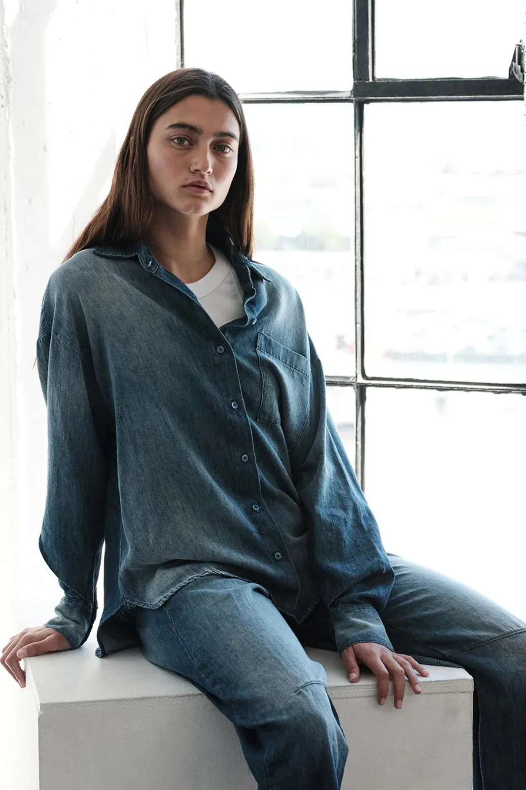 Stonewashed Chambray Oversized Shirt, Medium Wash