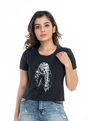 STYLE CLUB Printed Cotton Women Half Sleeve Round Neck T-Shirts // Crop Top (Medium, Black)