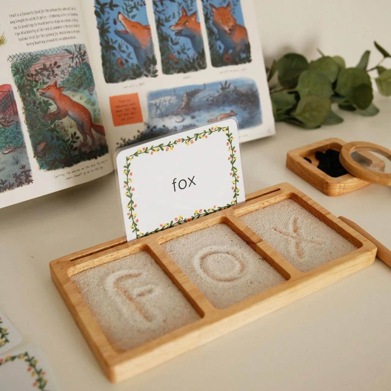 Three Section Read, Create, Write Tray | Salt, Sand & Flash Card Sensory Tray