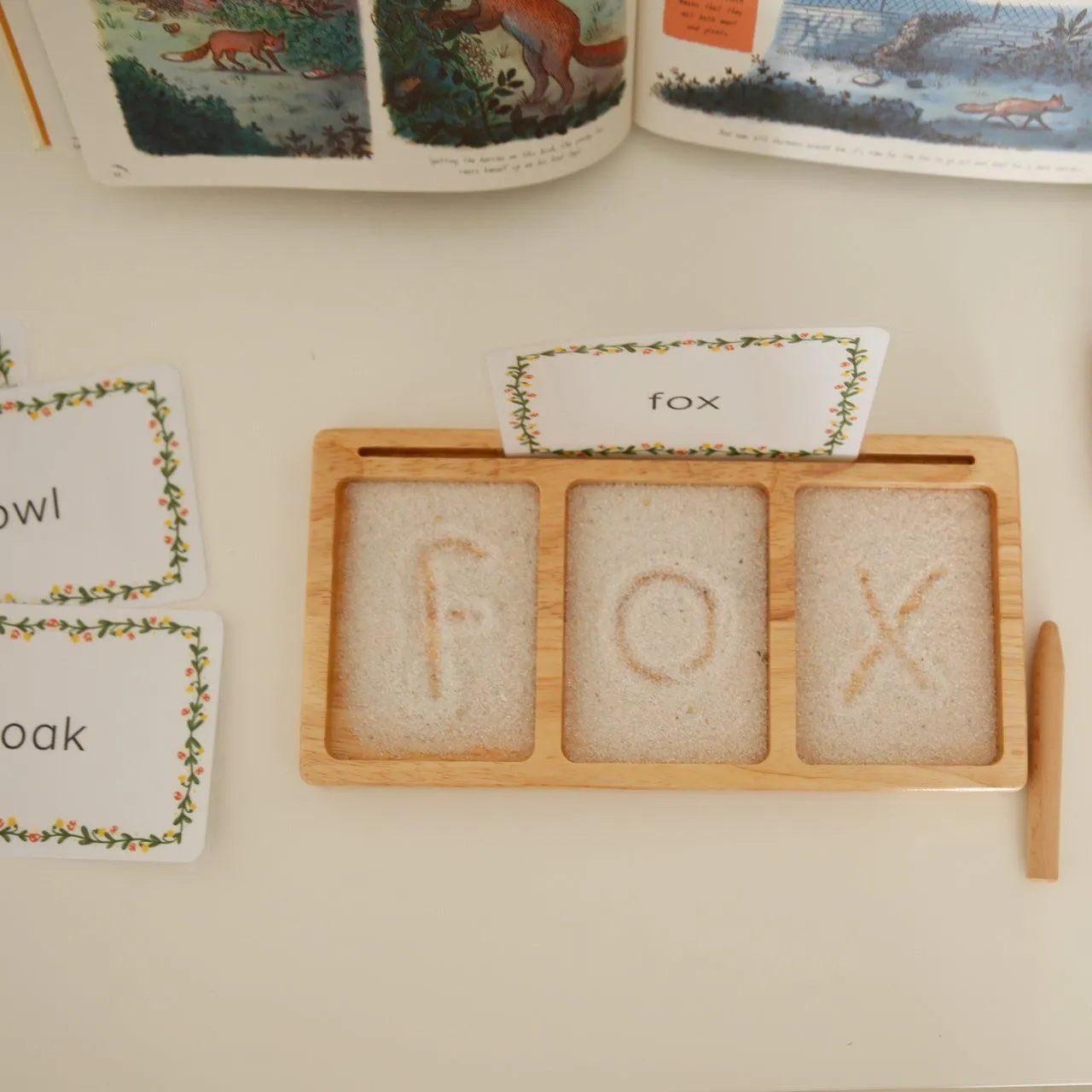 Three Section Read, Create, Write Tray | Salt, Sand & Flash Card Sensory Tray