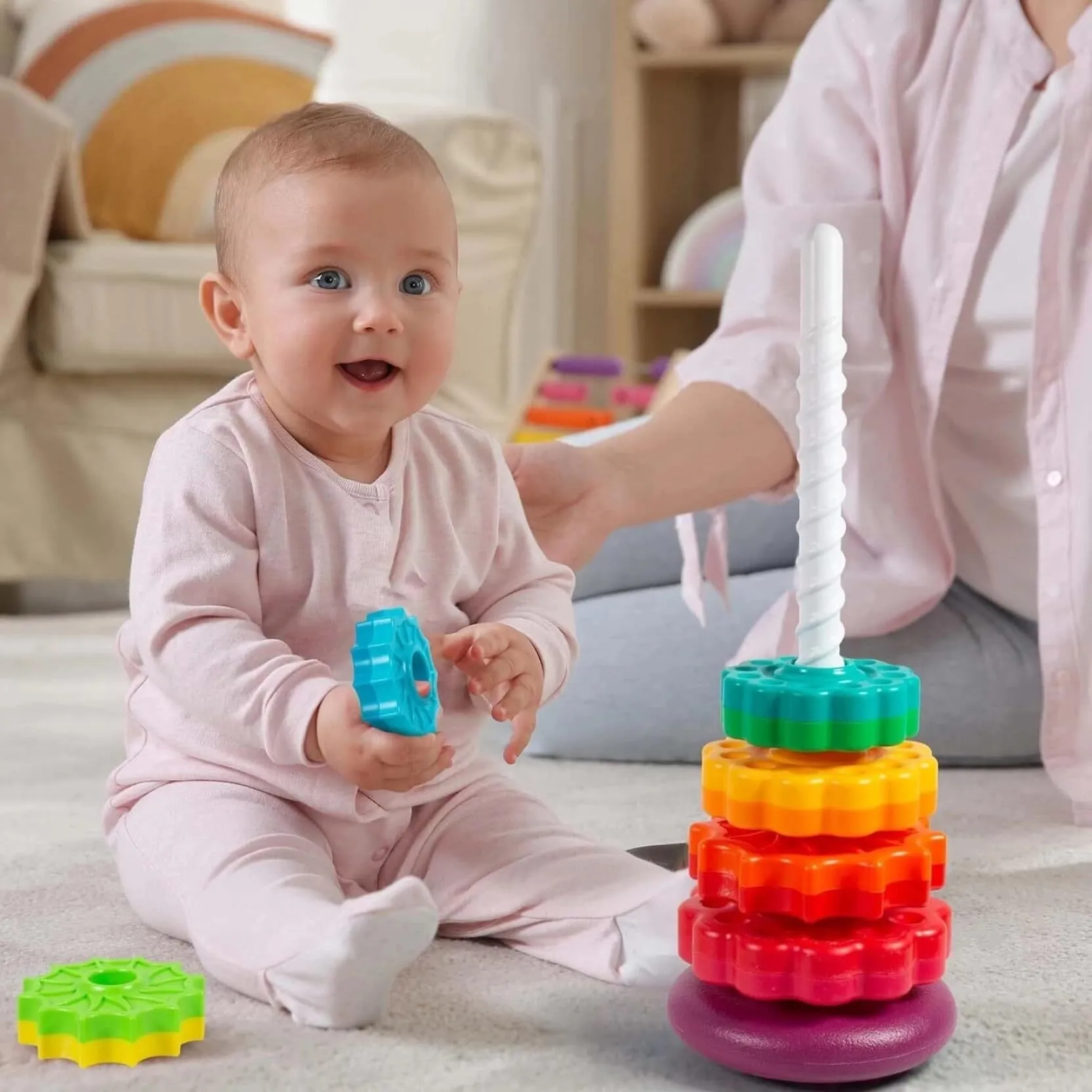 Toys Treasure Rainbow Spinning Stacking Toys Tower Children/Kids/Toddlers/Infants (Multicolor) (8Pcs) | Toys for Kids | Baby Toys | Toys for 1   Year Old | Children Toys