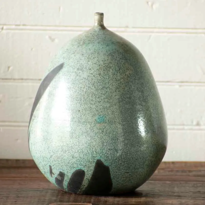 Turquoise Raku Angular Sphere Lip Vessel-9"