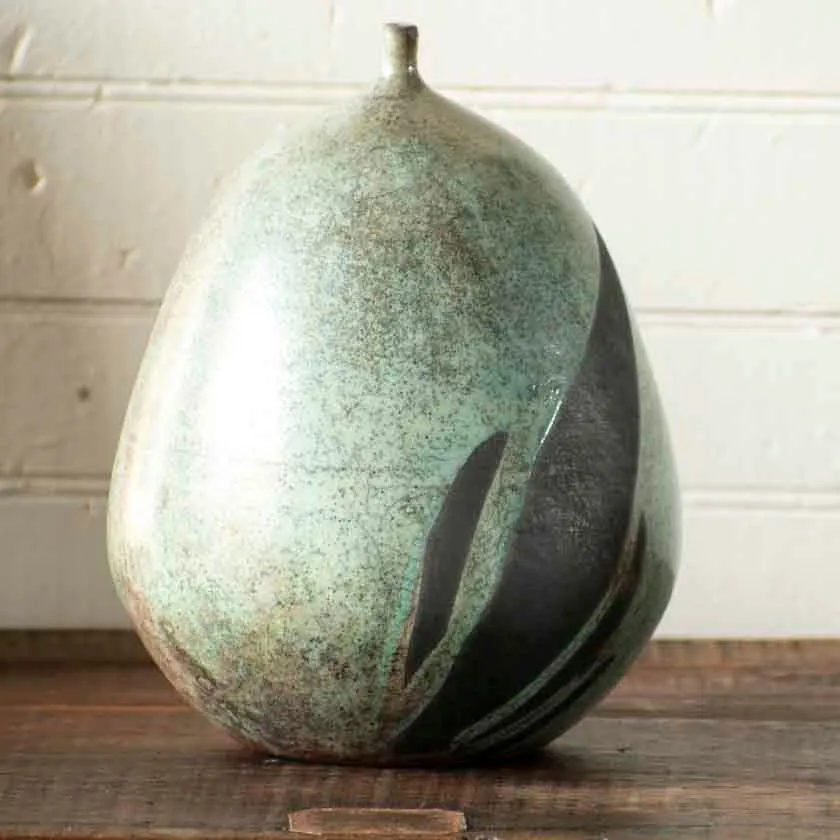 Turquoise Raku Angular Sphere Lip Vessel-9"