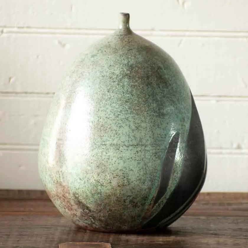 Turquoise Raku Angular Sphere Lip Vessel-9"