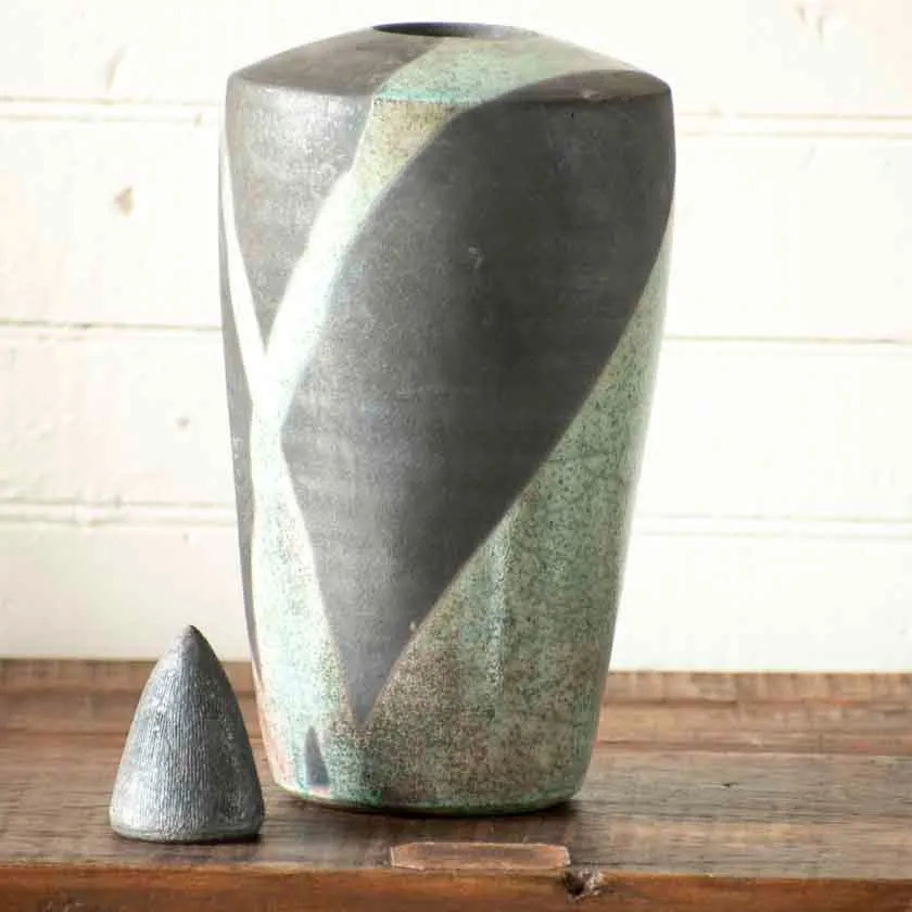 Turquoise Raku Cone Lid Vessel-11"