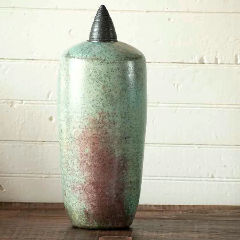 Turquoise Raku Cone Lid Vessel-14"