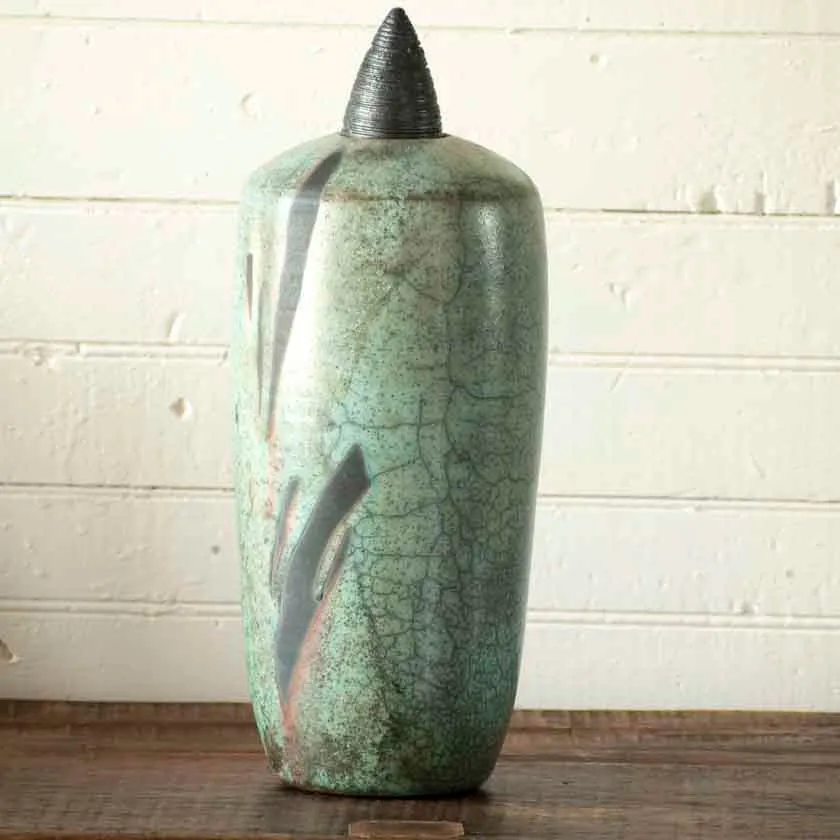 Turquoise Raku Cone Lid Vessel-14"