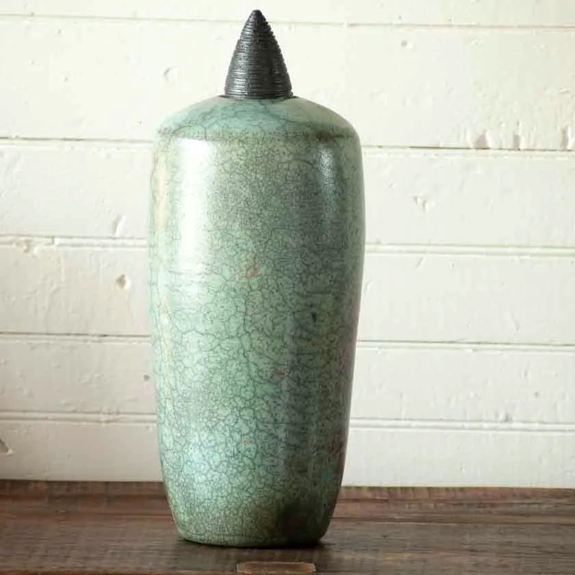 Turquoise Raku Cone Lid Vessel-14"