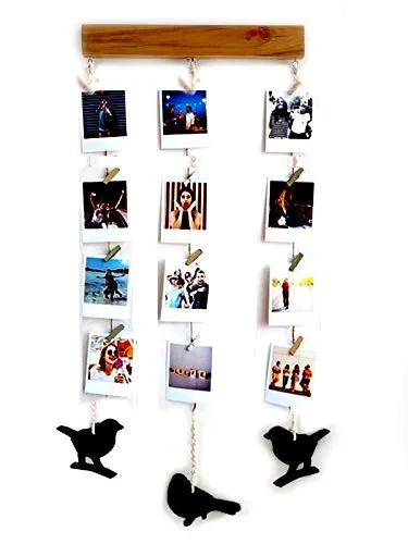 VAH Hanging Photo Display Macrame with birds Picture Frame Collage Picture Display Organizer with Wood Clips for Wall Decor Hanging Photos